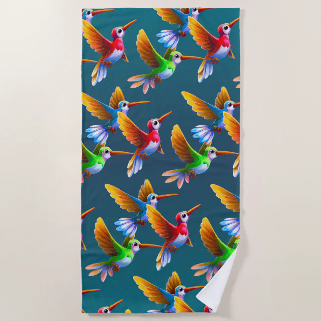 Colorful Hummingbirds in Flight Beach Towel