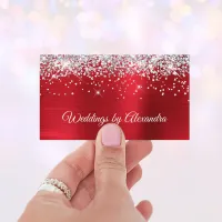 Sparkly Silver Glitter Bright Red Satin Foil Business Card