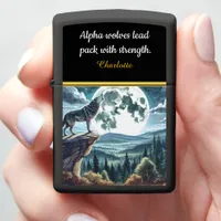 A majestic wolf howls under a glowing moonlight zippo lighter