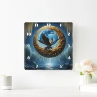 Eagle Perched in Celestial Landscape at Night Square Wall Clock