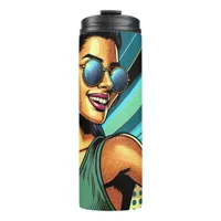 Pop Art Woman in Headphones Dancing Thermal Tumbler