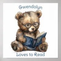 Nursery Art Poster Bear Reading a Book  Personlize