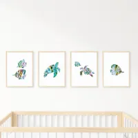 Watercolor Reef Fish and Sea Turtles Original Wall Art Sets