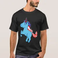 Unicorn Blue Patriotic USA Flag Mane Cartoon T-Shirt