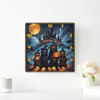 Halloween bear gathering in a spooky forest square wall clock