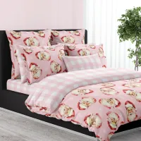 Pink Vintage Santa Claus Pink Plaid Christmas Duvet Cover