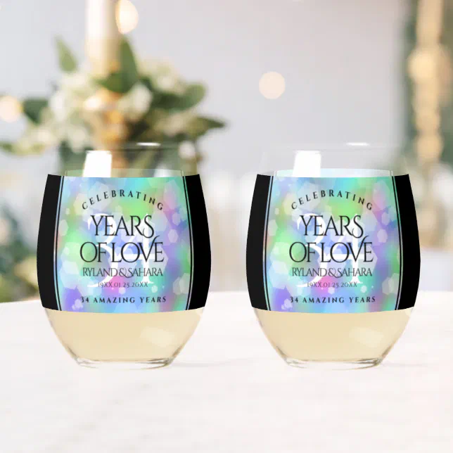 Elegant 34th Opal Wedding Anniversary Celebration Stemless Wine Glass