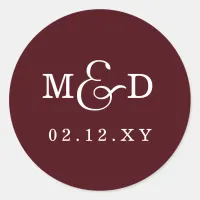 Burgundy Simple Modern Monogram Wedding Classic Round Sticker