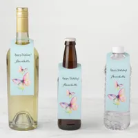 Delicate Pink Butterfly in Pastel Rainbow Colors Bottle Hanger Tag