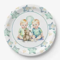 Watercolor Twin Boys Baby Shower Paper Plates