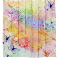 Shabby Chic Butterflies and Roses on Rustic Wood Shower Curtain