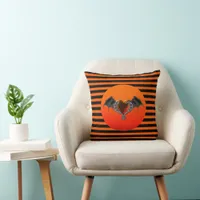 Halloween Goth Orange Heart & Bat Wings Pillow