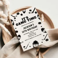 Hockey black and White Themed Boys Birthday Party Invitation