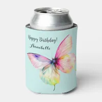 Delicate Pink Butterfly in Pastel Rainbow Colors Can Cooler