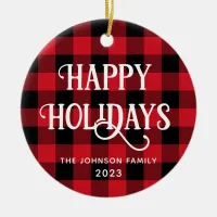 Happy Holidays Buffalo Check Family Photo Ceramic Ornament