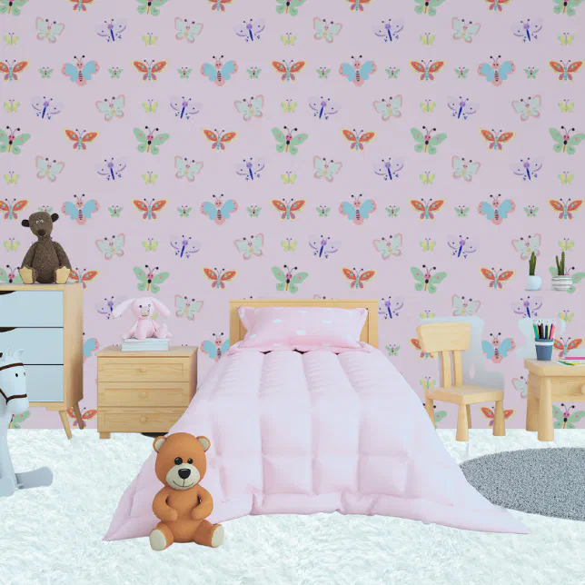 Colourful Rainbow Kids Girly Pink Butterfly Wallpaper