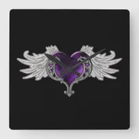 Goth Purple Heart with Angel Wings Wall Clock