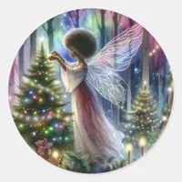 Pretty Fairy Decorating the Christmas Tree  Classic Round Sticker