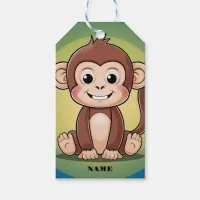Cute baby monkey with big smile green background gift tags