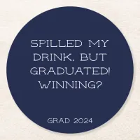 Graduation Party 2024 Grad Slogan Navy Simple  Round Paper Coaster