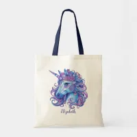 Illustration of Unicorn Blue Lilac Pink Tote Bag