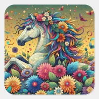Pretty Whimsical Horse in Colorful Flowers Square Sticker