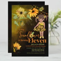 Cute Sunflower Watercolor Girl Black Birthday  Invitation