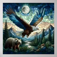 Mosaic Bear and Eagle in the Mountains Ai Art Poster