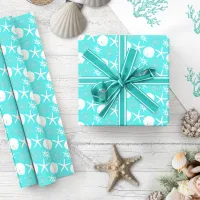 Aqua Blue Starfish Coastal Christmas Wrapping Paper