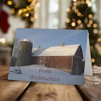 Snowy Red Barn Frohe Weihnachten German Christmas Holiday Card