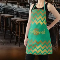 Modern Stylish Chic Green And Gold Chevron Apron