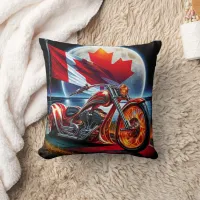 Canadian motorcycle with flag under a full moon throw pillow