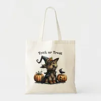 Halloween Trick or Treat Dog in a Witch's Hat Tote Bag