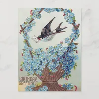 Basket of Blue Flowers Bird Birthday Postcard