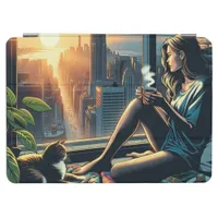 Woman Drinking Coffee at Sunrise in the City iPad Air Cover