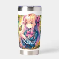 Anime Girl and Butterfly Watercolor Personalized Insulated Tumbler