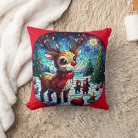 Joyful reindeer in winter wonderland with friends throw pillow