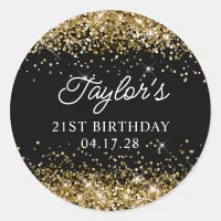 Gold Glitter and Black 21st Birthday Classic Round Sticker