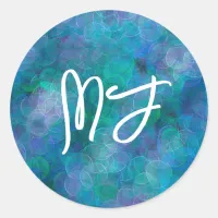 Monogrammed Blue Bokeh Abstract Digital Art  Classic Round Sticker