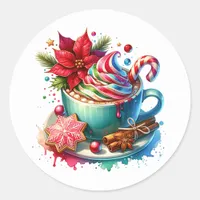 Cute Watercolor Hot Cocoa, Candy Canes Christmas Classic Round Sticker