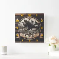 Wooden Horse Carving With Mountain Background Square Wall Clock