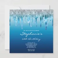 Sky Ocean Blue Ombre Glitter Foil Drip Birthday Invitation