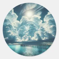 Beautiful Ocean, Dock and Fluffy Clouds Classic Round Sticker