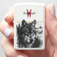 Majestic wolf gazes over moonlit forest landscape zippo lighter