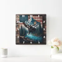 Majestic Moose Against American Flag Background Square Wall Clock