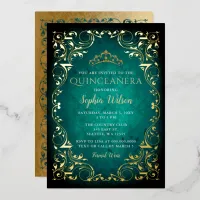 Vintage Green Gold Princess Tiara Quincea&#241;era Foil Invitation