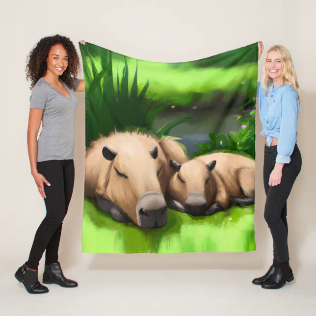 Cute Funny Napping Capybaras by the Pond Fleece Blanket