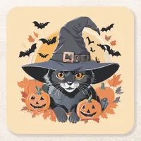 Black Cat in Witch Hat Halloween Square Paper Coaster