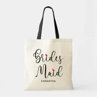 Black Modern Calligraphy Red Heart Bridesmaid Tote Bag