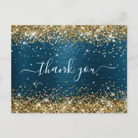 Gold Glitter Ocean Blue Foil Birthday Thank You Postcard